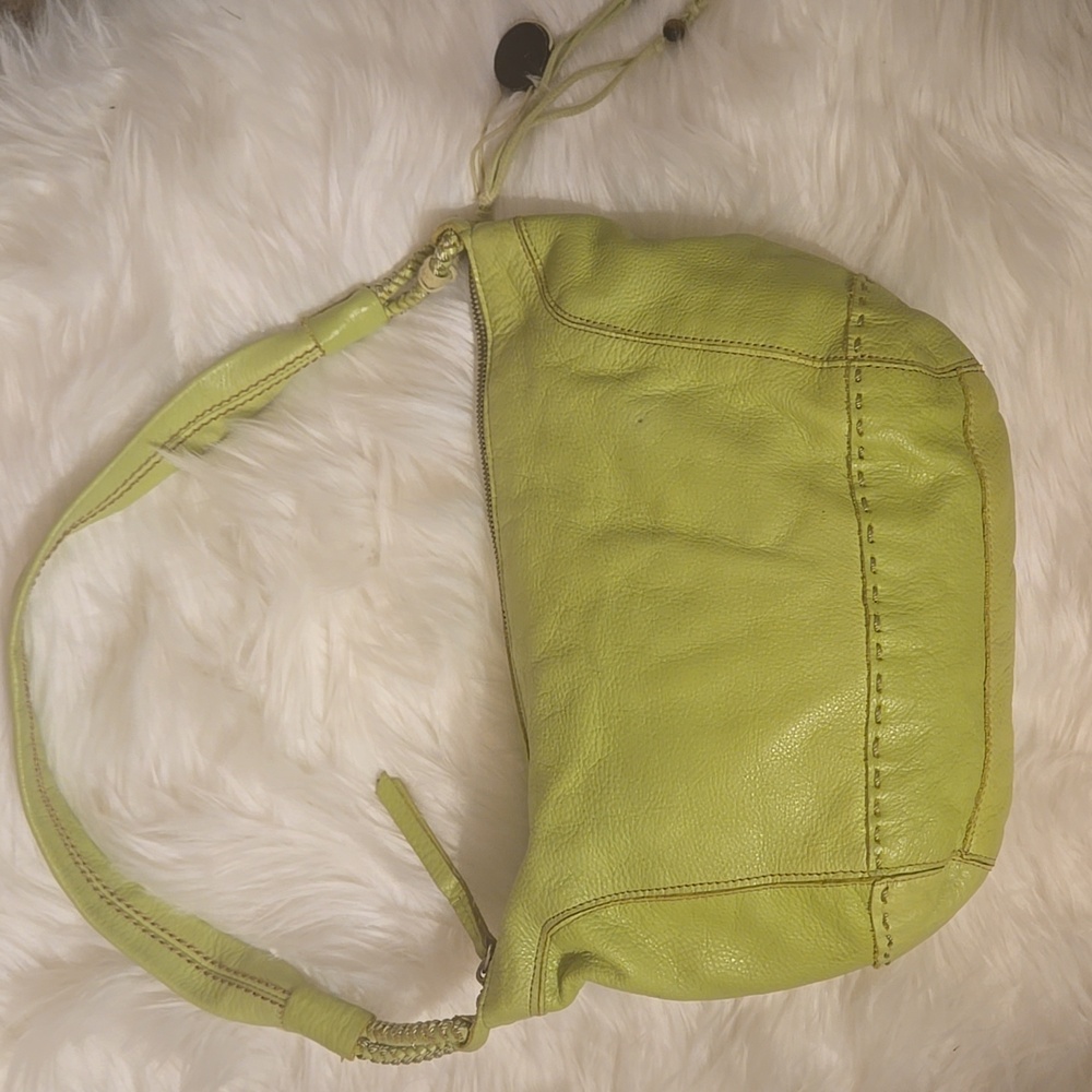 The Sak Lime Green Leather Boho Shoulder Bag Zip Close Beads Charms 15"w x11"h - Picture 4 of 10